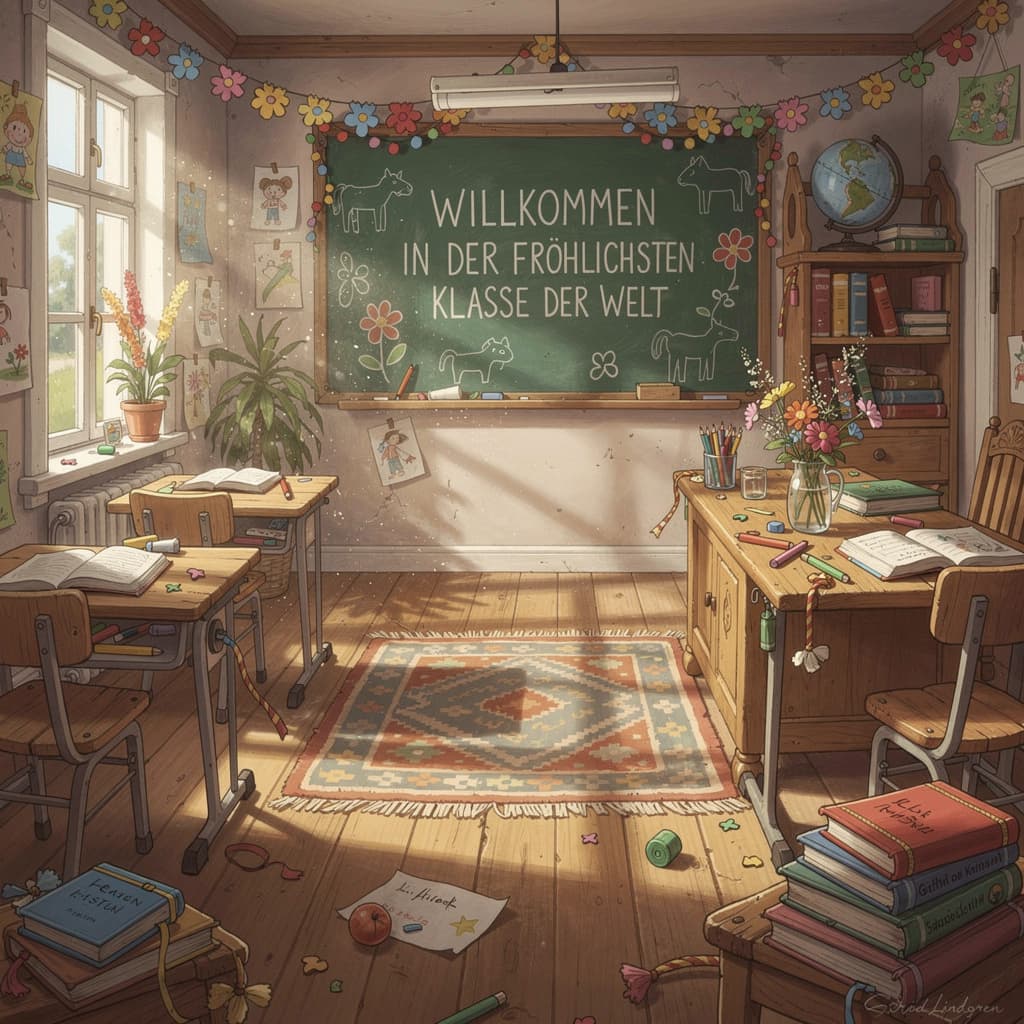 Willkommen in der fröhlichsten Klasse der Welt - Klassenzimmer mit Tafel, Schreibtischen und dekorativem Blumengirlanden